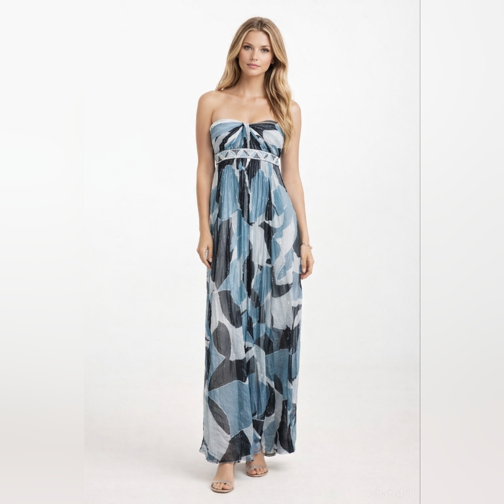 BCBGMaxAzria Strapless Blue and White Printed Maxi Dress